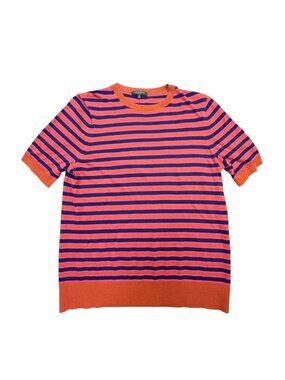 Lafayette 148 New York 100% Cotton Pink Navy Striped Short Sleeve Blouse Medium